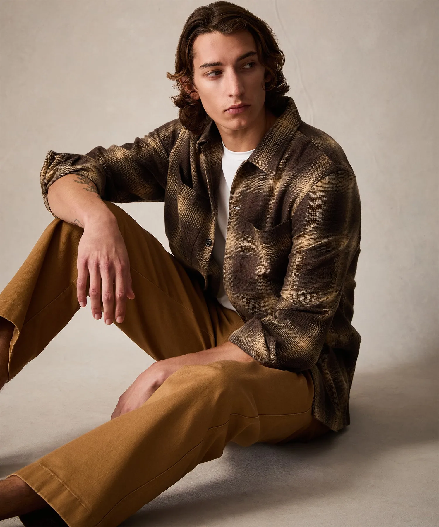 Relaxed Plaid Flannel Overshirt in Brown