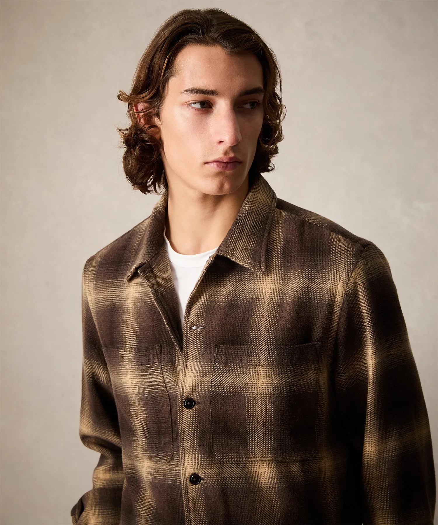 Relaxed Plaid Flannel Overshirt in Brown