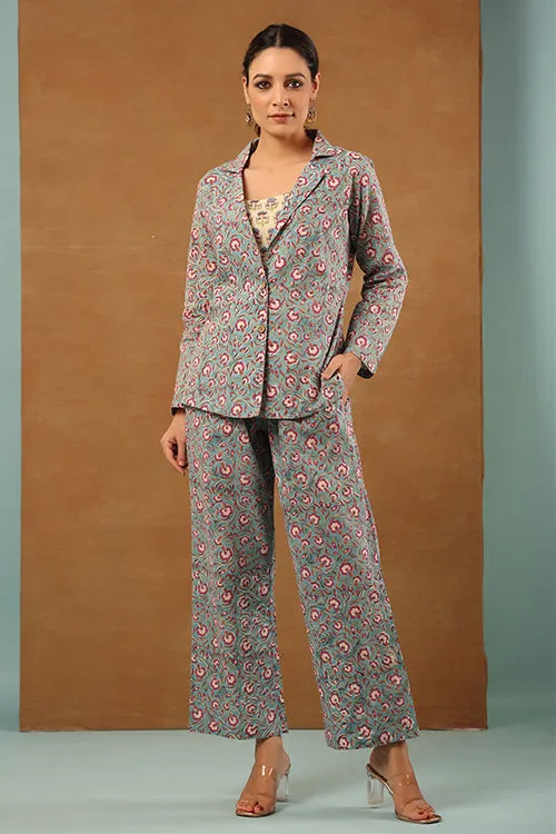 Shuddhi Steel Blue 3 Pcs Co-Ord Set