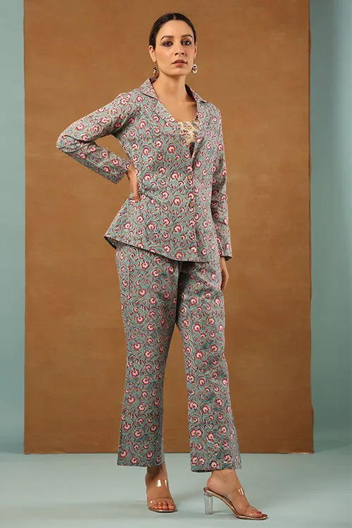 Shuddhi Steel Blue 3 Pcs Co-Ord Set