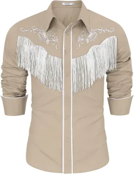 TURETRENDY Men's Western Cowboy Fringe Shirts Long Sleeve Embroidered Slim Fit Casual Button Down Shirts