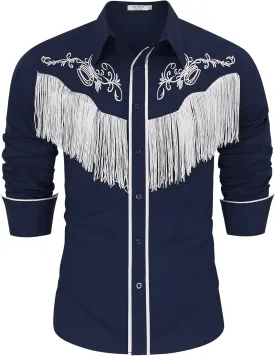 TURETRENDY Men's Western Cowboy Fringe Shirts Long Sleeve Embroidered Slim Fit Casual Button Down Shirts
