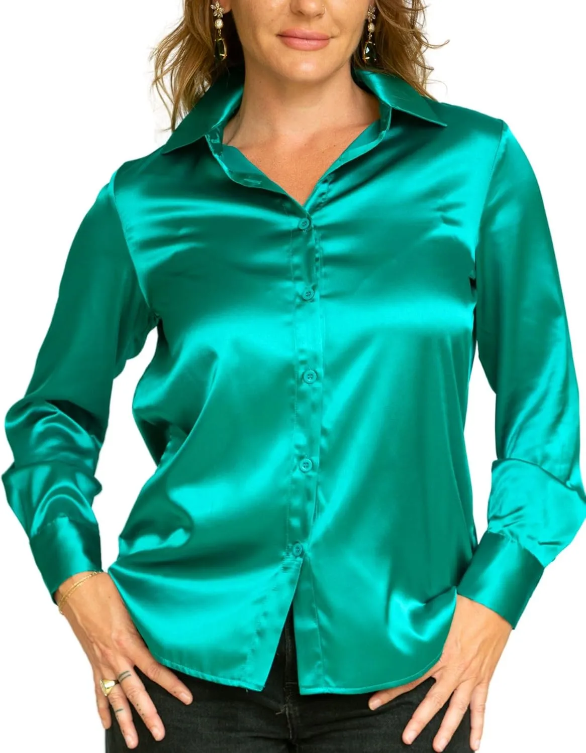 UWRAPT Green Satin Blouse for Women - Satin Shirts for Women, Long Sleeve Button Down Dressy Casual Work Shirt Tops (S - XL)