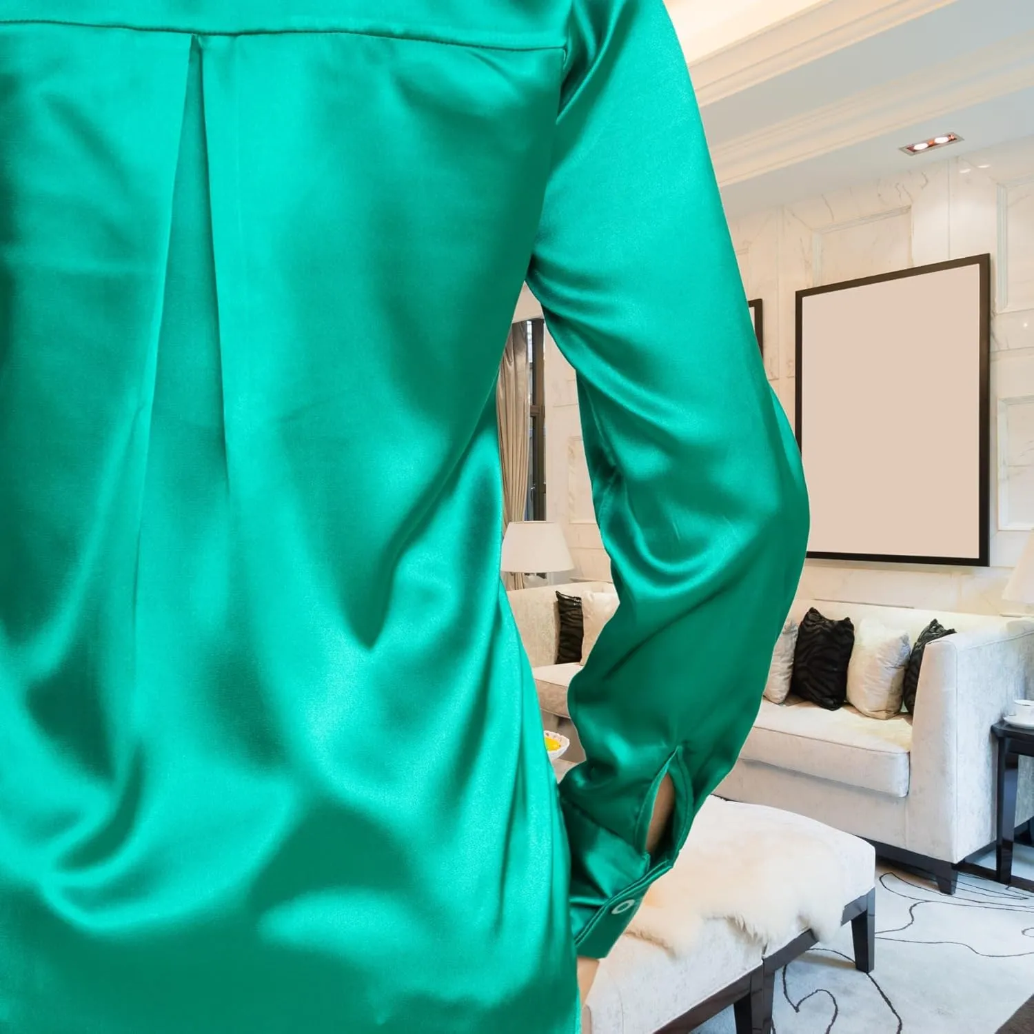 UWRAPT Green Satin Blouse for Women - Satin Shirts for Women, Long Sleeve Button Down Dressy Casual Work Shirt Tops (S - XL)
