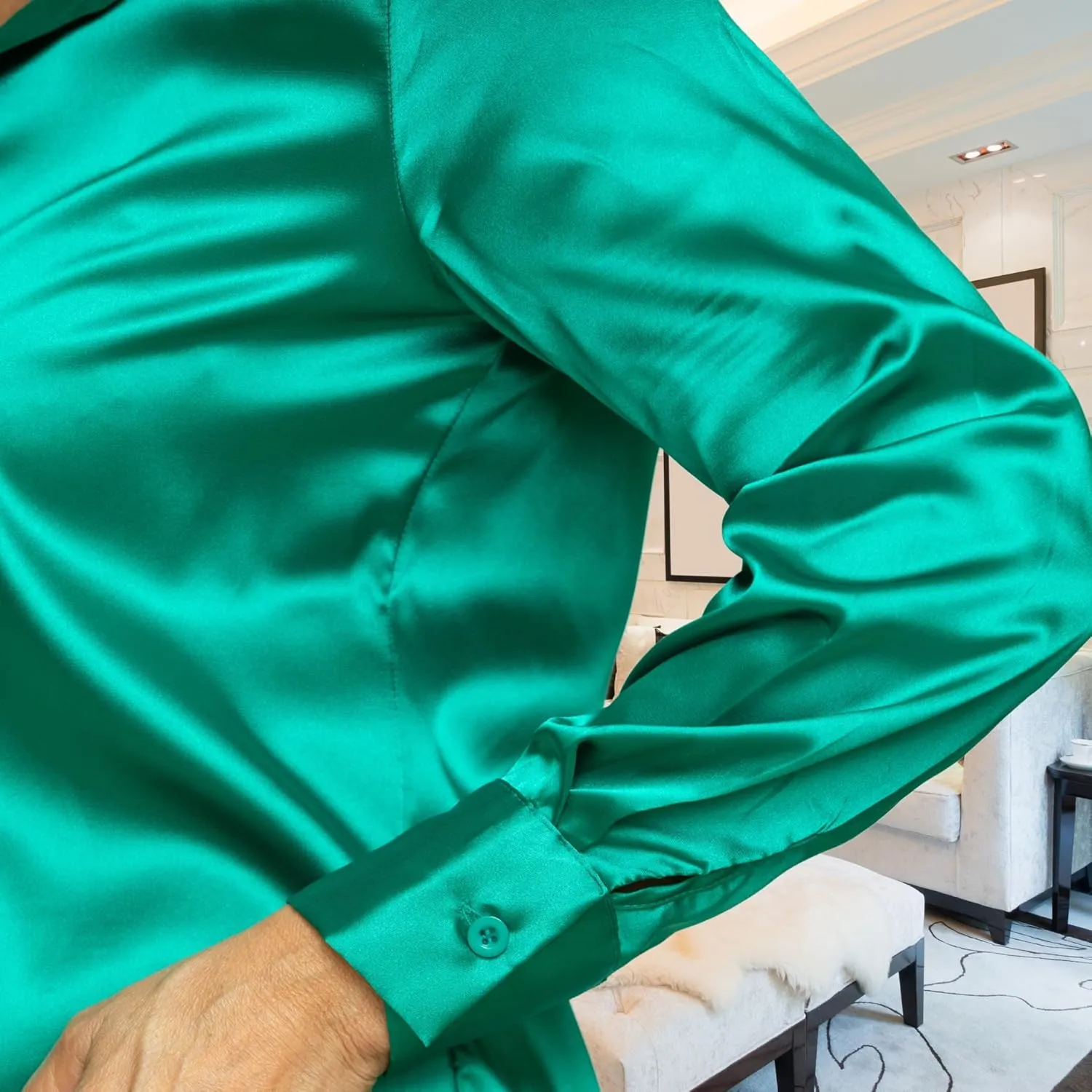 UWRAPT Green Satin Blouse for Women - Satin Shirts for Women, Long Sleeve Button Down Dressy Casual Work Shirt Tops (S - XL)