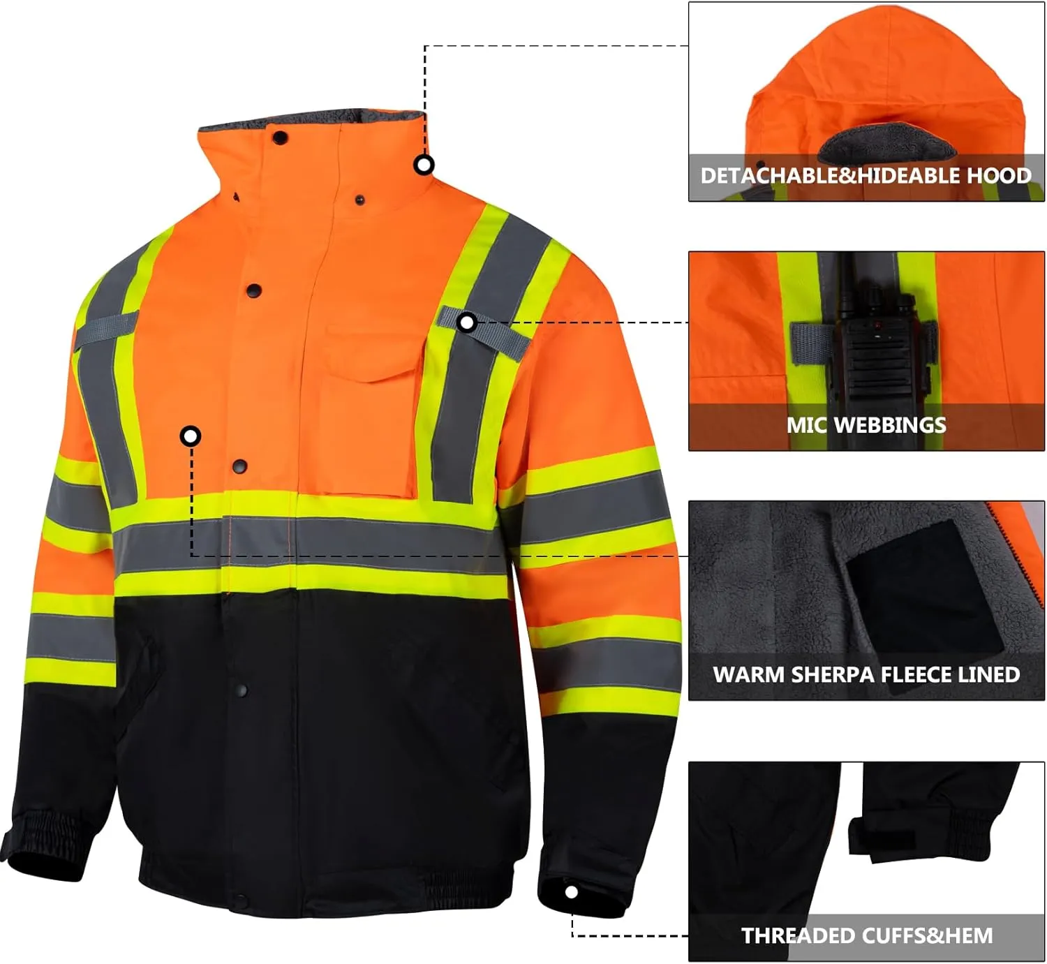 VENDACE High Visibility Reflective Safety Jackets for Men Sherpa Fleece Lined ANSI Class 3 Hi Vis Construction Work Jacket