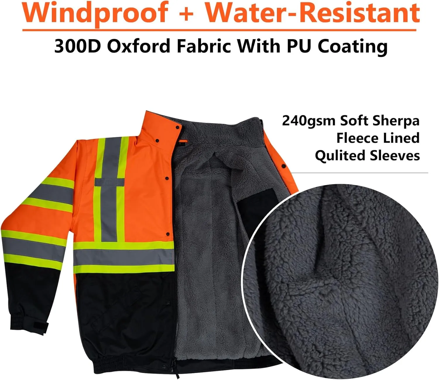 VENDACE High Visibility Reflective Safety Jackets for Men Sherpa Fleece Lined ANSI Class 3 Hi Vis Construction Work Jacket