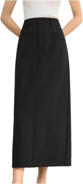 Women's Black Long Skirts Casual High Waist Back Slit Split Zipper Office Work Pencil Skirt
