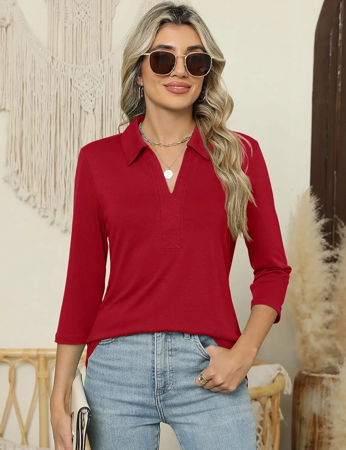 ZHENWEI Women's 3/4 Length Sleeve V-Neck Collared Tops Summer Business Casual Work Polo Shirts 2025