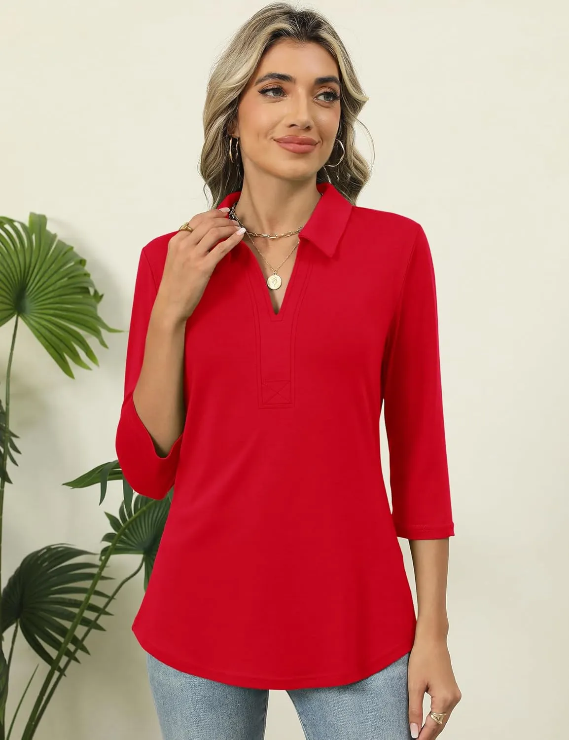 ZHENWEI Women's 3/4 Length Sleeve V-Neck Collared Tops Summer Business Casual Work Polo Shirts 2025