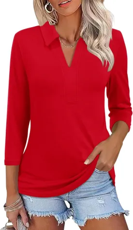 ZHENWEI Women's 3/4 Length Sleeve V-Neck Collared Tops Summer Business Casual Work Polo Shirts 2025