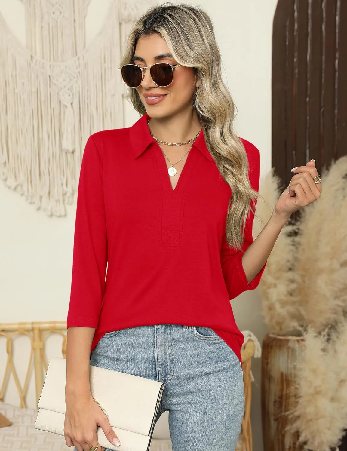 ZHENWEI Women's 3/4 Length Sleeve V-Neck Collared Tops Summer Business Casual Work Polo Shirts 2025