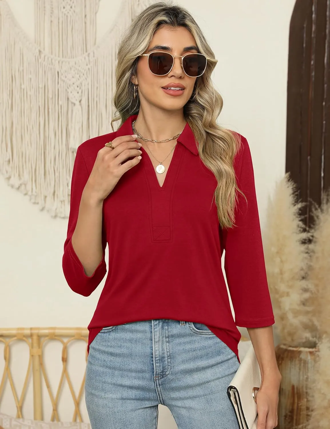 ZHENWEI Women's 3/4 Length Sleeve V-Neck Collared Tops Summer Business Casual Work Polo Shirts 2025