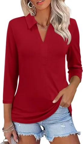 ZHENWEI Women's 3/4 Length Sleeve V-Neck Collared Tops Summer Business Casual Work Polo Shirts 2025