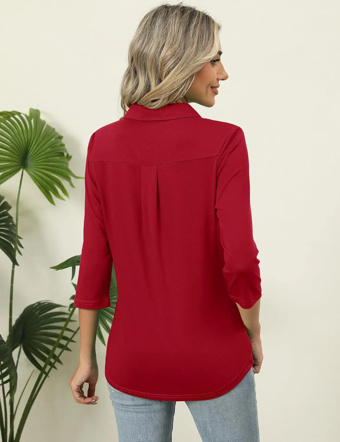 ZHENWEI Women's 3/4 Length Sleeve V-Neck Collared Tops Summer Business Casual Work Polo Shirts 2025