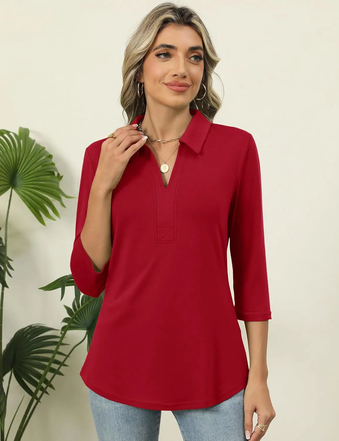 ZHENWEI Women's 3/4 Length Sleeve V-Neck Collared Tops Summer Business Casual Work Polo Shirts 2025